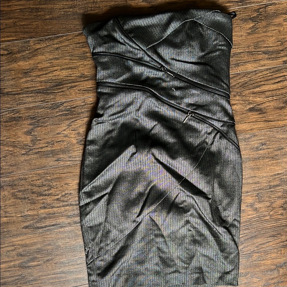 Bebe Gray Strapless Ruched Sheath Dress